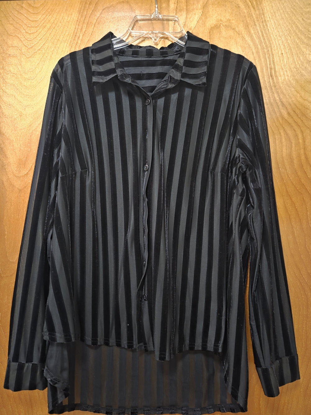 Black Burnout Velvet Stripe Sheer Button Front Blouse Gothic Minimalist Top